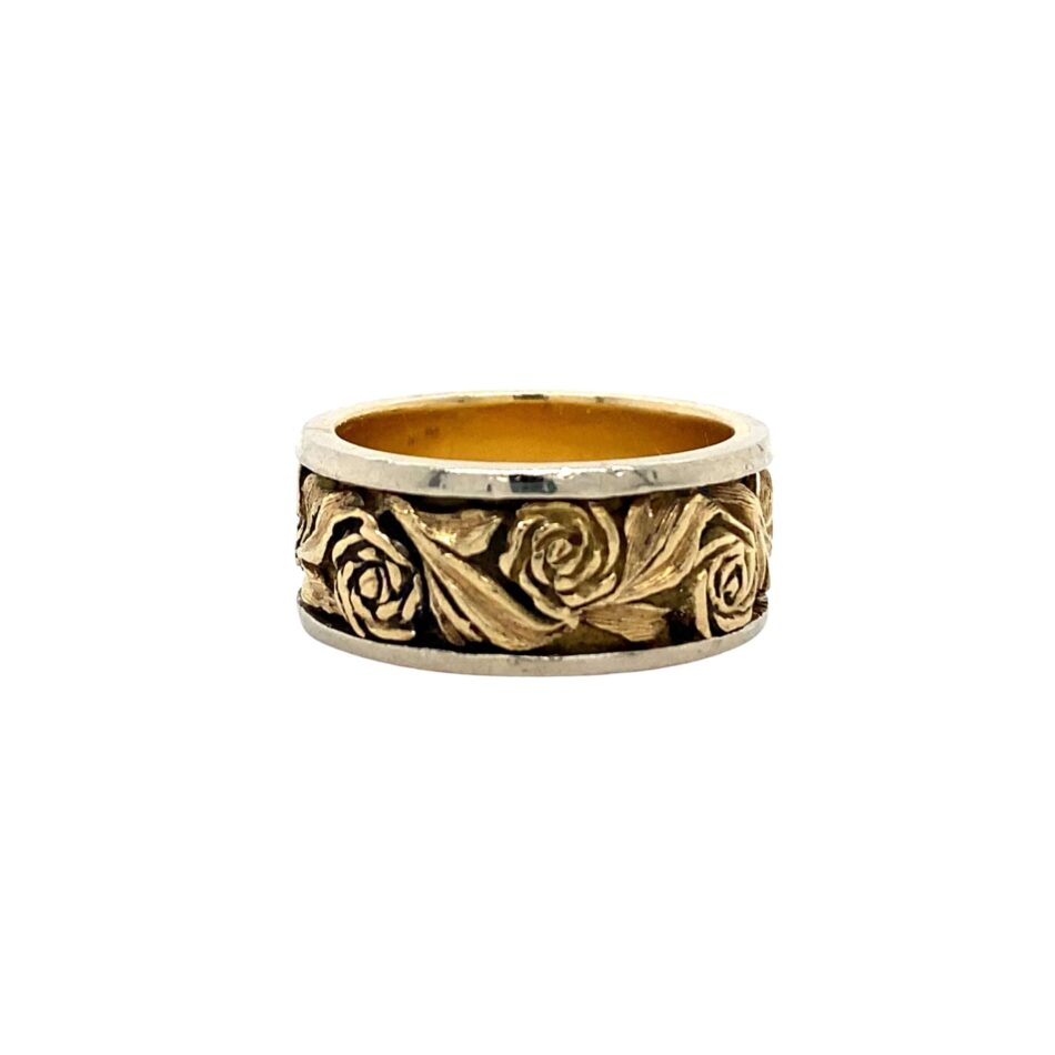 14K Two-Tone Carved Rose Band with Antiquing - Image 3