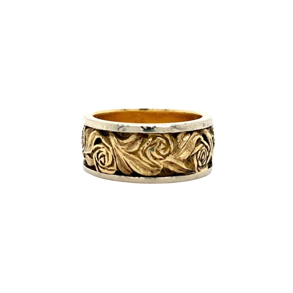 14K Two-Tone Carved Rose Band with Antiquing - Image 5