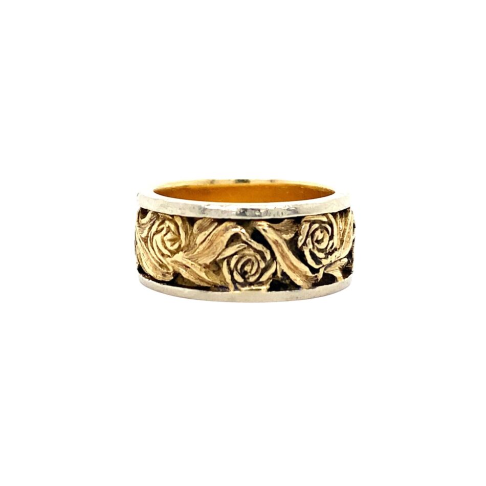 14K Two-Tone Carved Rose Band with Antiquing - Image 4