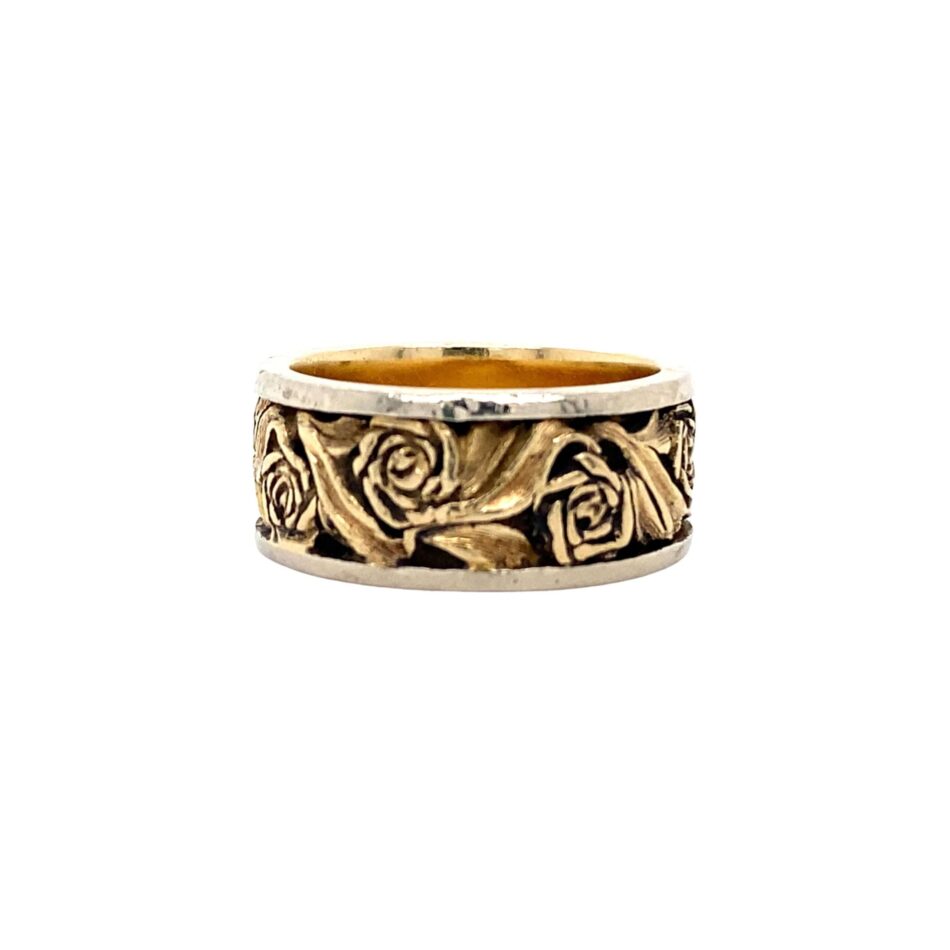 14K Two-Tone Carved Rose Band with Antiquing - Image 6