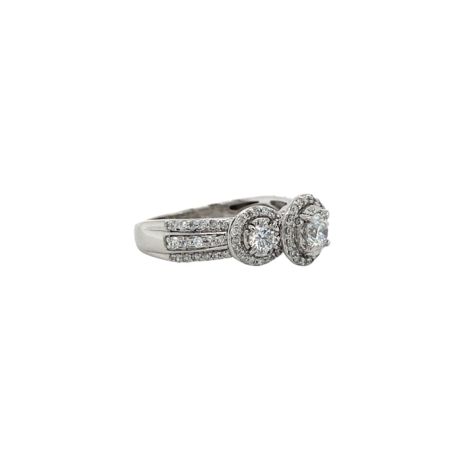 14K White Gold .85ctw Three-Stone Diamond Halo Ring - Image 6