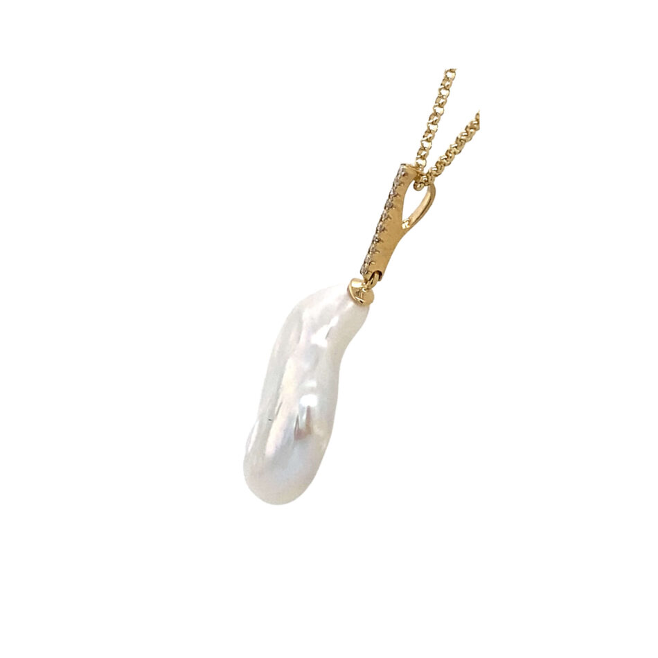 14K Gold Baroque Freshwater Cultured Pearl & Diamond Pendant - Image 3