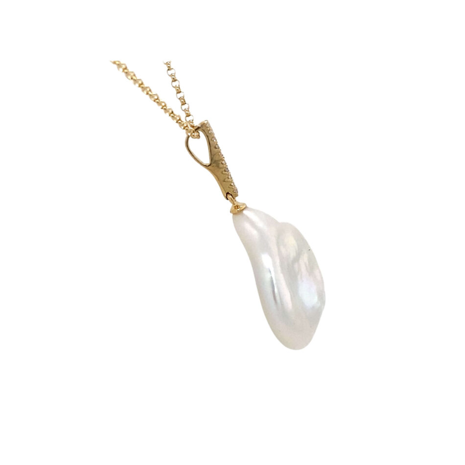 14K Gold Baroque Freshwater Cultured Pearl & Diamond Pendant - Image 5