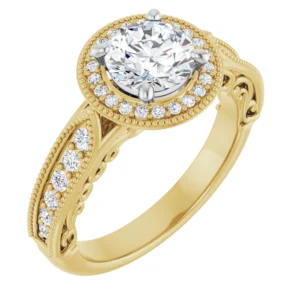 Halo Engagement Ring with Diamond Accents & Milgrain Detailing
