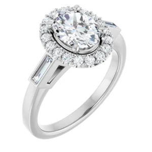 Halo Engagement Ring with Baguette Accent Diamonds