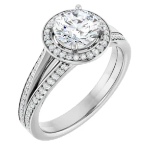 Halo Engagement Ring with Split Band & Accent Diamonds