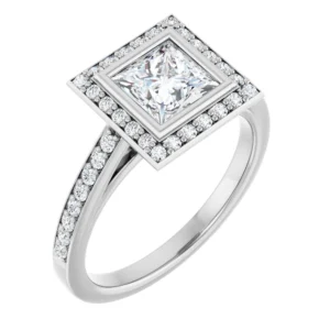 Halo Engagement Ring with Accent Diamonds & Fancy Head