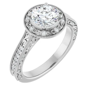 Halo Engagement Ring with Carved Designs & Milgrain Detailing