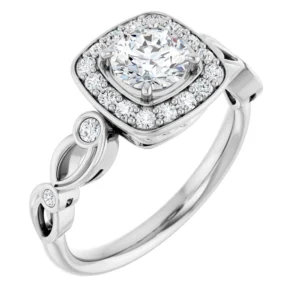 Halo Engagement Ring with Swoops of Gold & Accent Diamonds