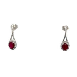 14K White Gold Ruby & Diamond Halo Dangle Earrings