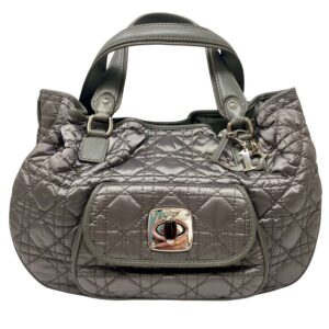 Christian Dior Grey Quilted Cannage Top Handle Nylon Purse